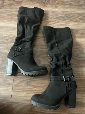 Call It Spring Black Suede-Look High Heel Knee Boots with Buckle